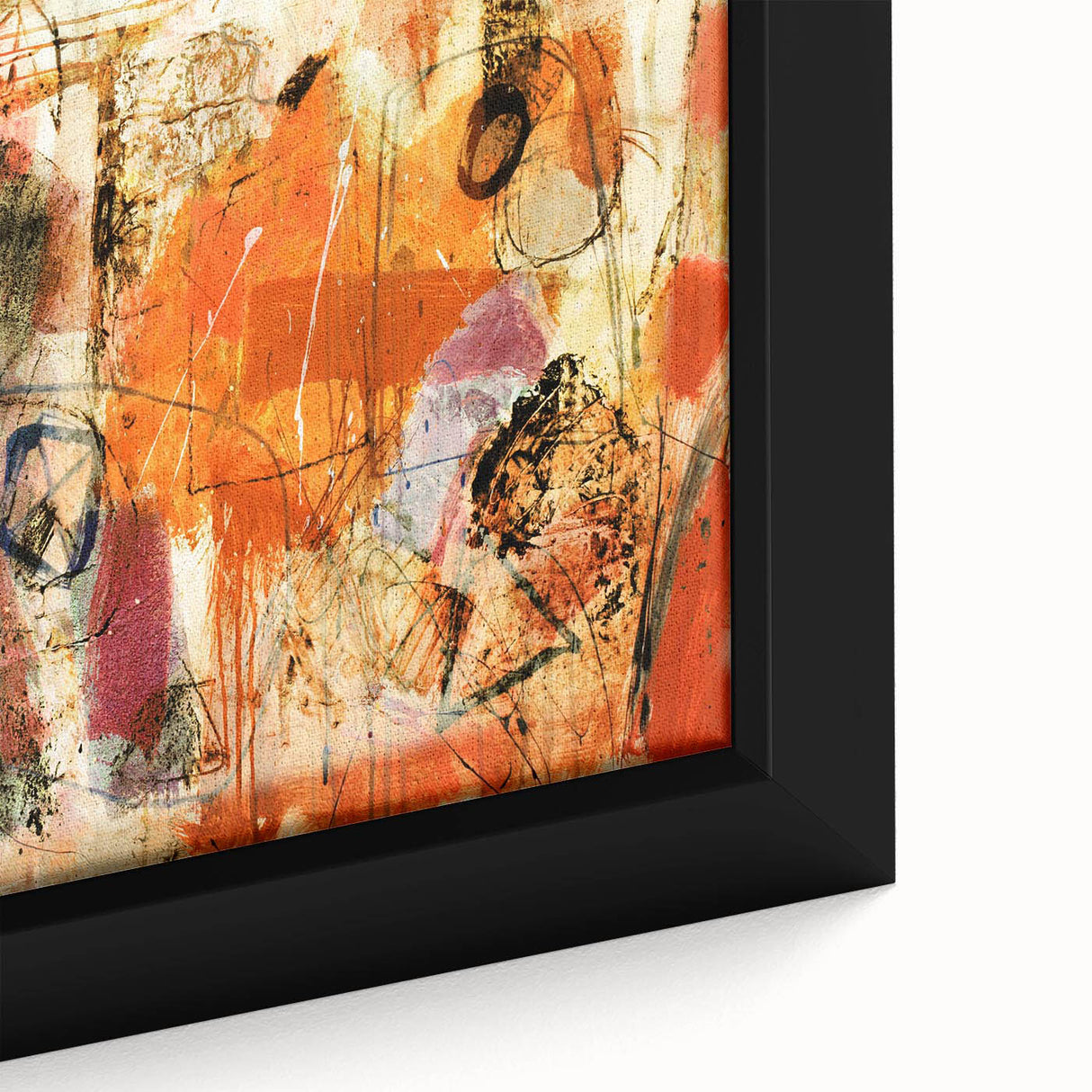 Close-up of a framed abstract strokes and lines design wall art piece, showcasing vibrant colors and intricate textures, perfect for modern home decor.