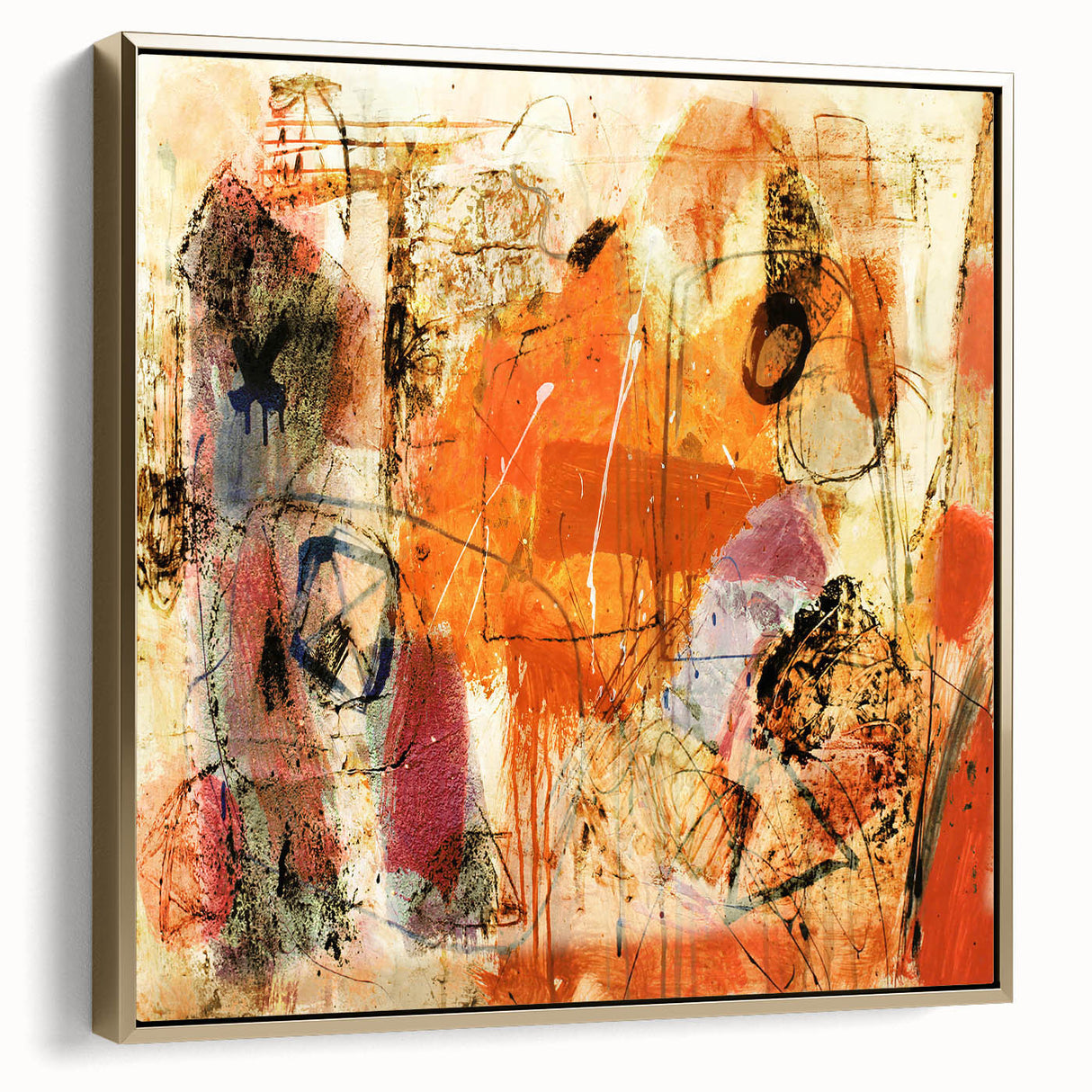 Framed canvas wall art showcasing an abstract design of gold strokes and lines, elegantly presented in a modern setting, ideal for home decor enhancement.