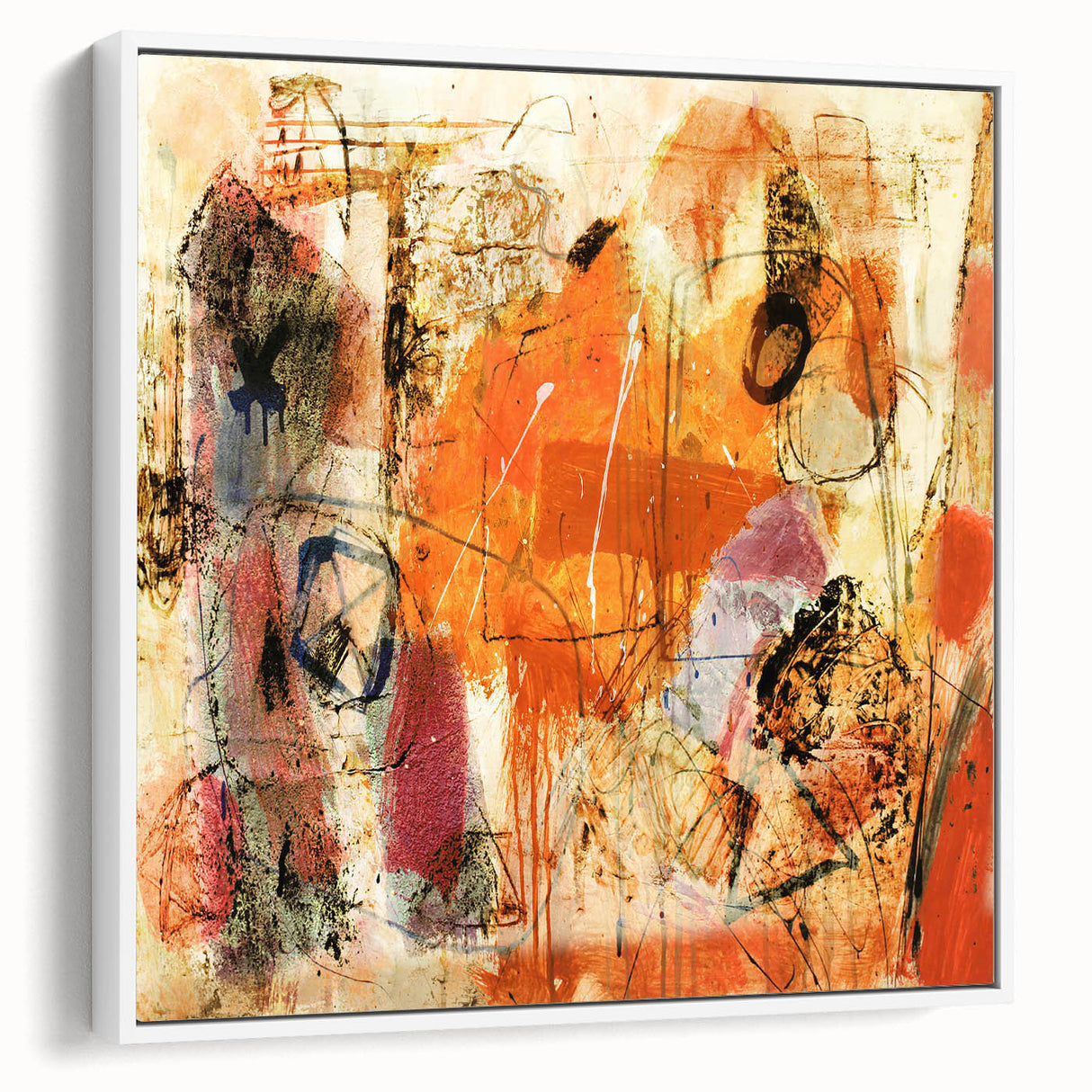 Framed canvas wall art showcasing an abstract design of colorful strokes and lines, presented in a sleek white frame, perfect for modern home decor.
