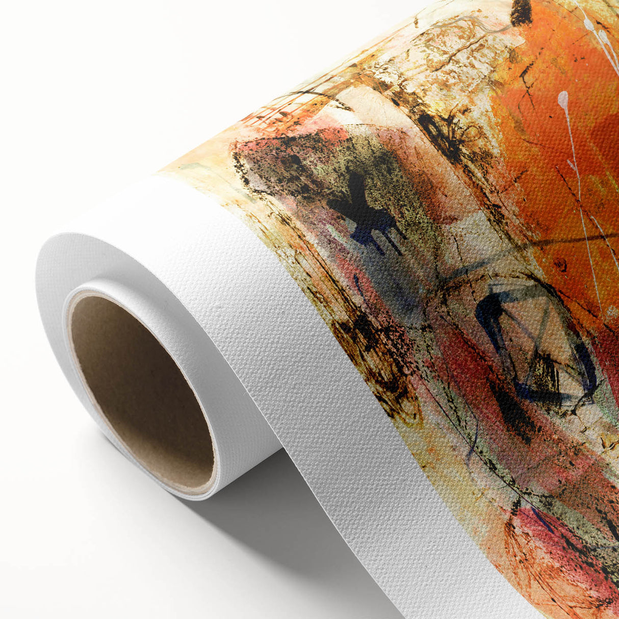 Abstract strokes and lines design on rolled canvas, showcasing a contemporary wall art piece in vibrant colors, ideal for modern home decor. The artwork features a dynamic interplay of shapes and hues, perfect for adding a touch of sophistication to any space.