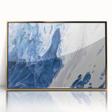 Framed acrylic wall art showcasing an abstract design of gold strokes and lines, elegantly displayed with a modern aesthetic, perfect for contemporary decor.