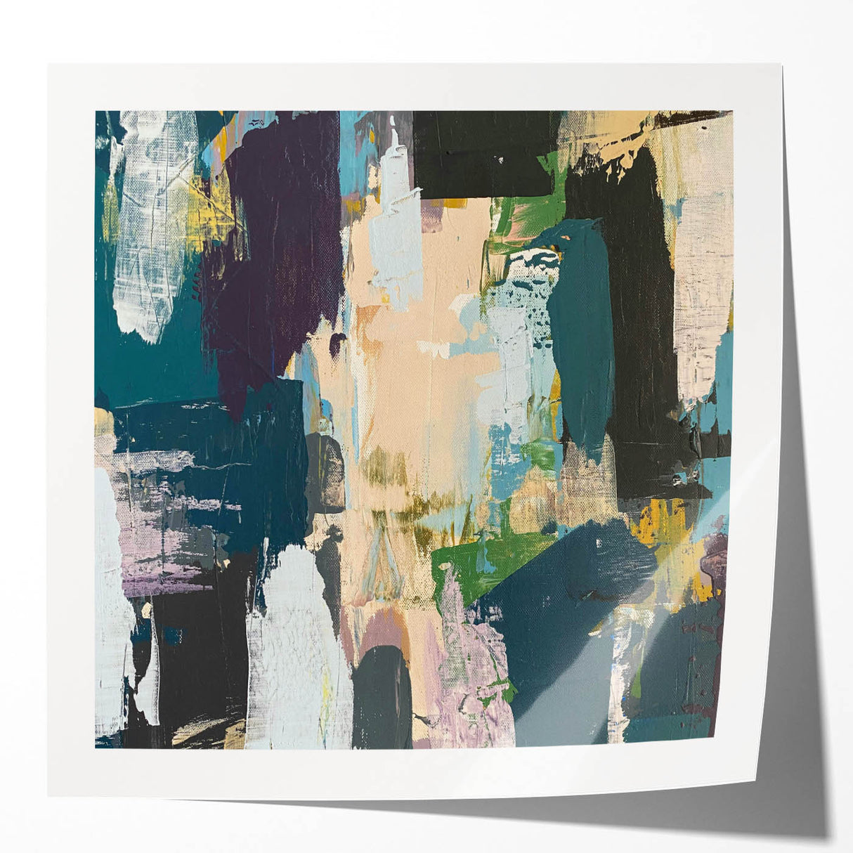 Abstract wall art print featuring vibrant strokes and lines in a modern design, showcasing a glossy finish and suitable for contemporary home decor. The artwork's bold colors and dynamic patterns make it an ideal centerpiece for any room, enhancing aesthetic appeal and artistic expression.