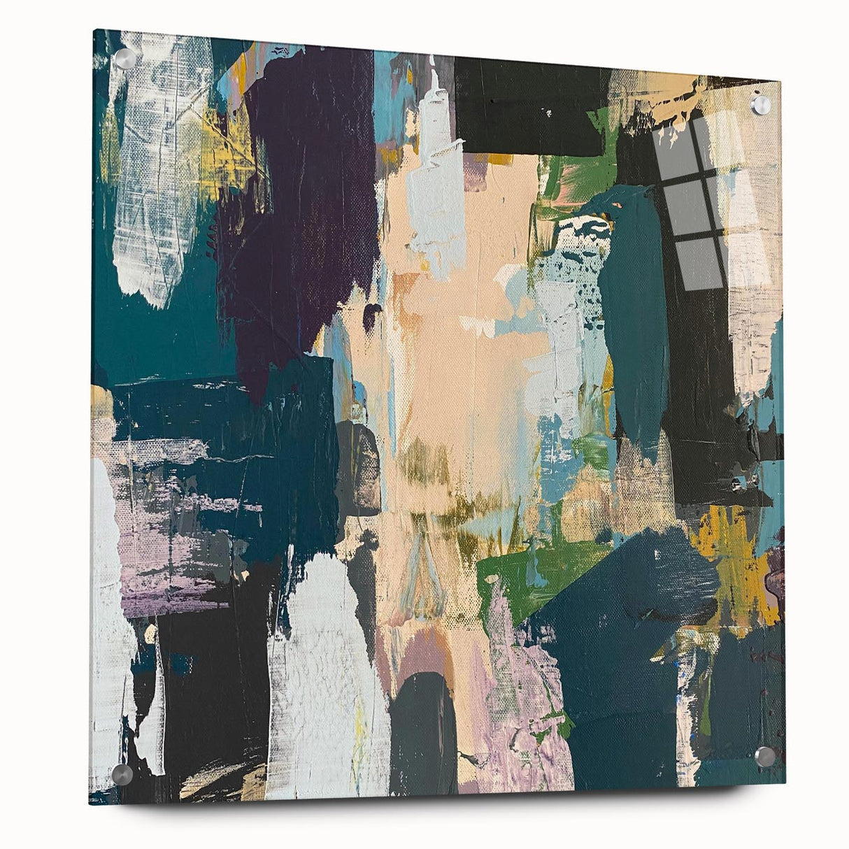Abstract wall art featuring dynamic strokes and lines in vibrant colors, displayed in a sleek acrylic frame with pins, perfect for modern decor.