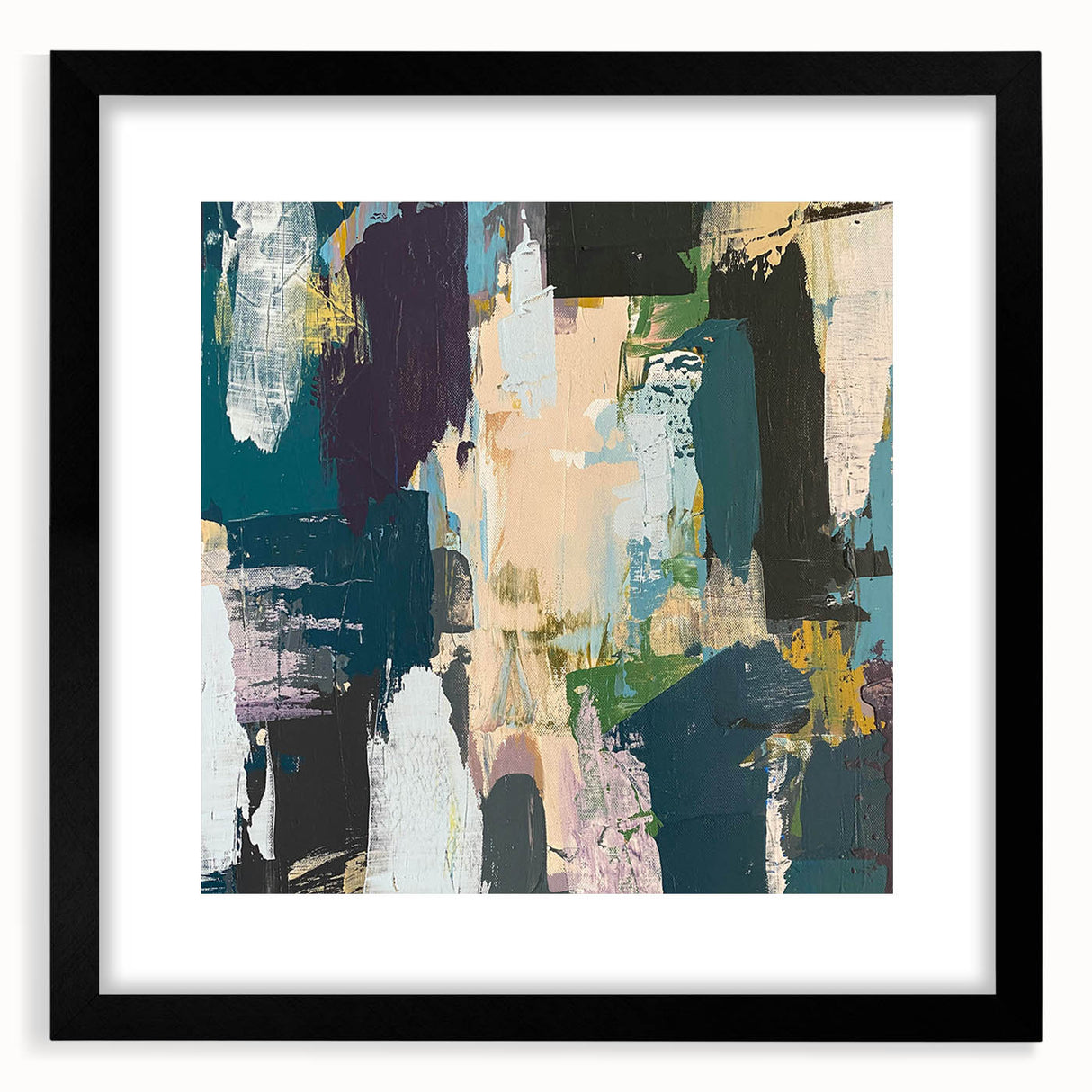 Abstract wall art featuring vibrant strokes and lines in a modern design, framed with a black mat, showcasing a contemporary aesthetic perfect for home decor.