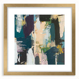 Abstract wall art featuring dynamic strokes and lines in gold and neutral tones, showcased in a sleek frame with a white mat, perfect for modern decor.