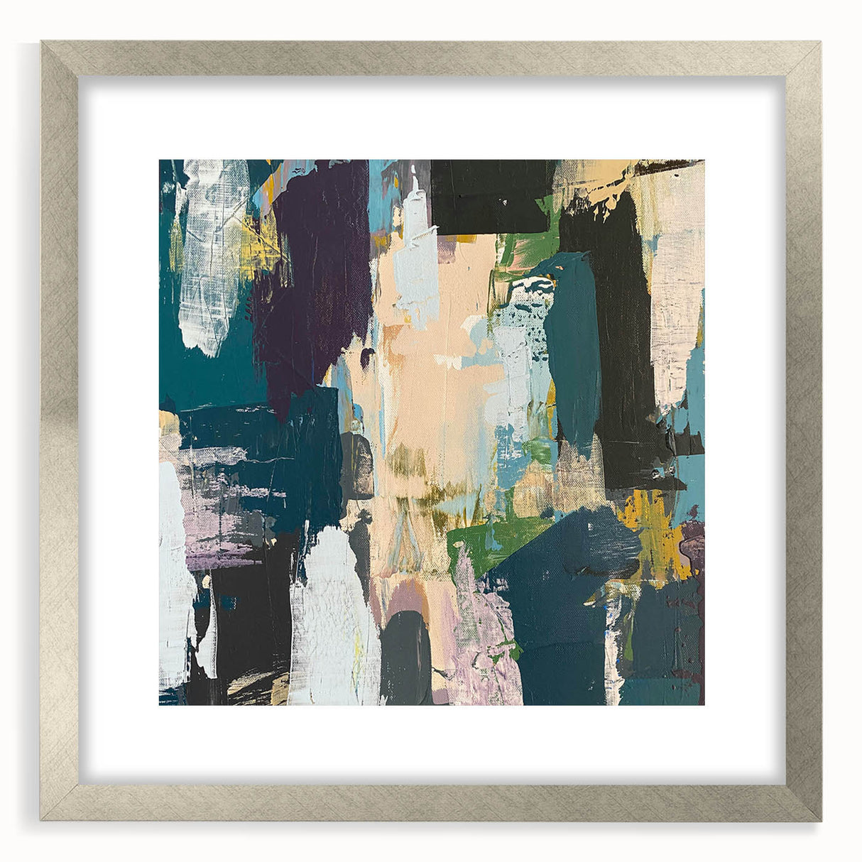 Abstract wall art design featuring intricate strokes and lines in a silver frame with a mat. Perfect for modern home decor, enhancing any living space.