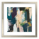 Abstract wall art design featuring intricate strokes and lines in a silver frame with a mat. Perfect for modern home decor, enhancing any living space.
