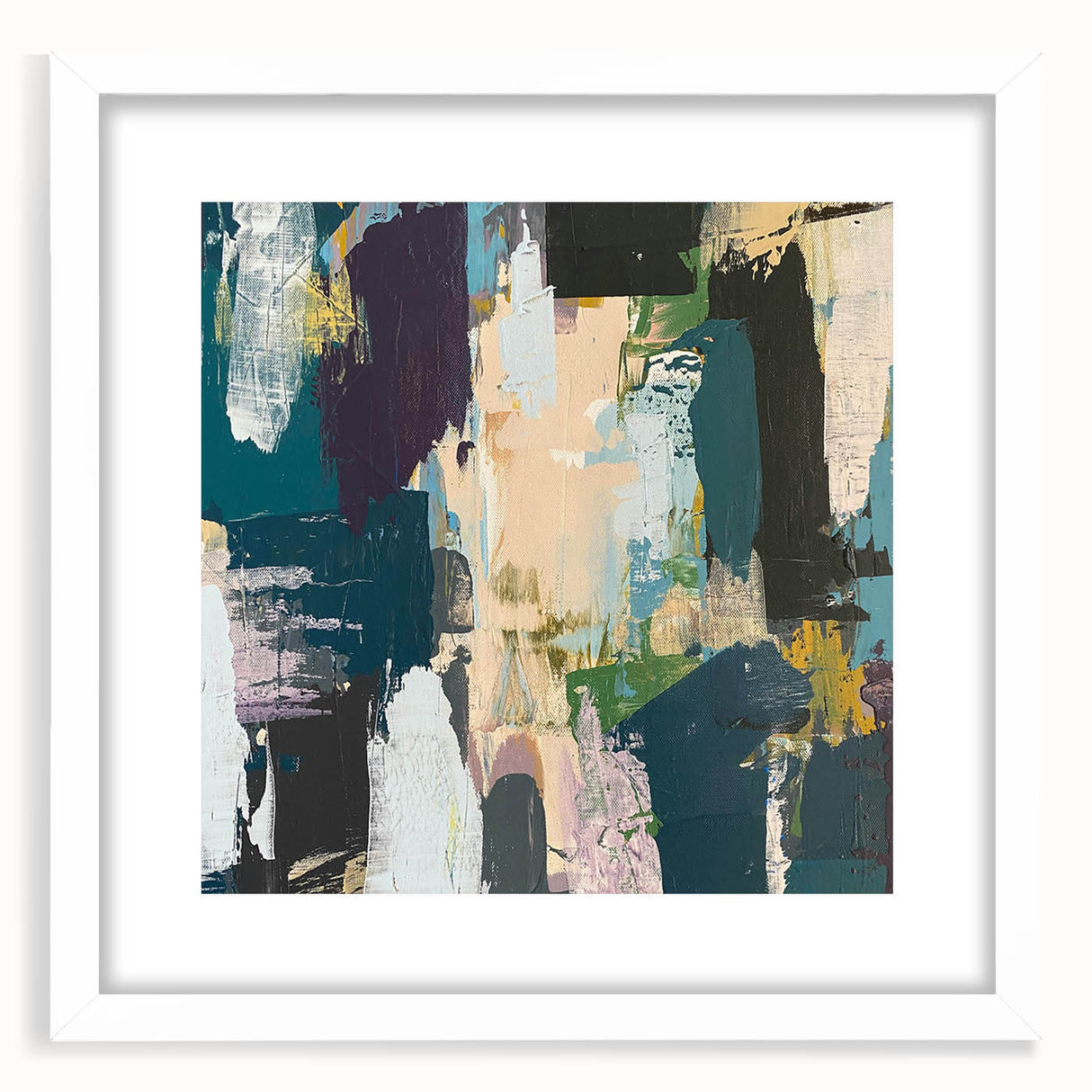 Abstract wall art featuring a modern design of colorful strokes and lines, framed in white with a mat, ideal for contemporary home decor. Perfect for adding a vibrant touch to any space.