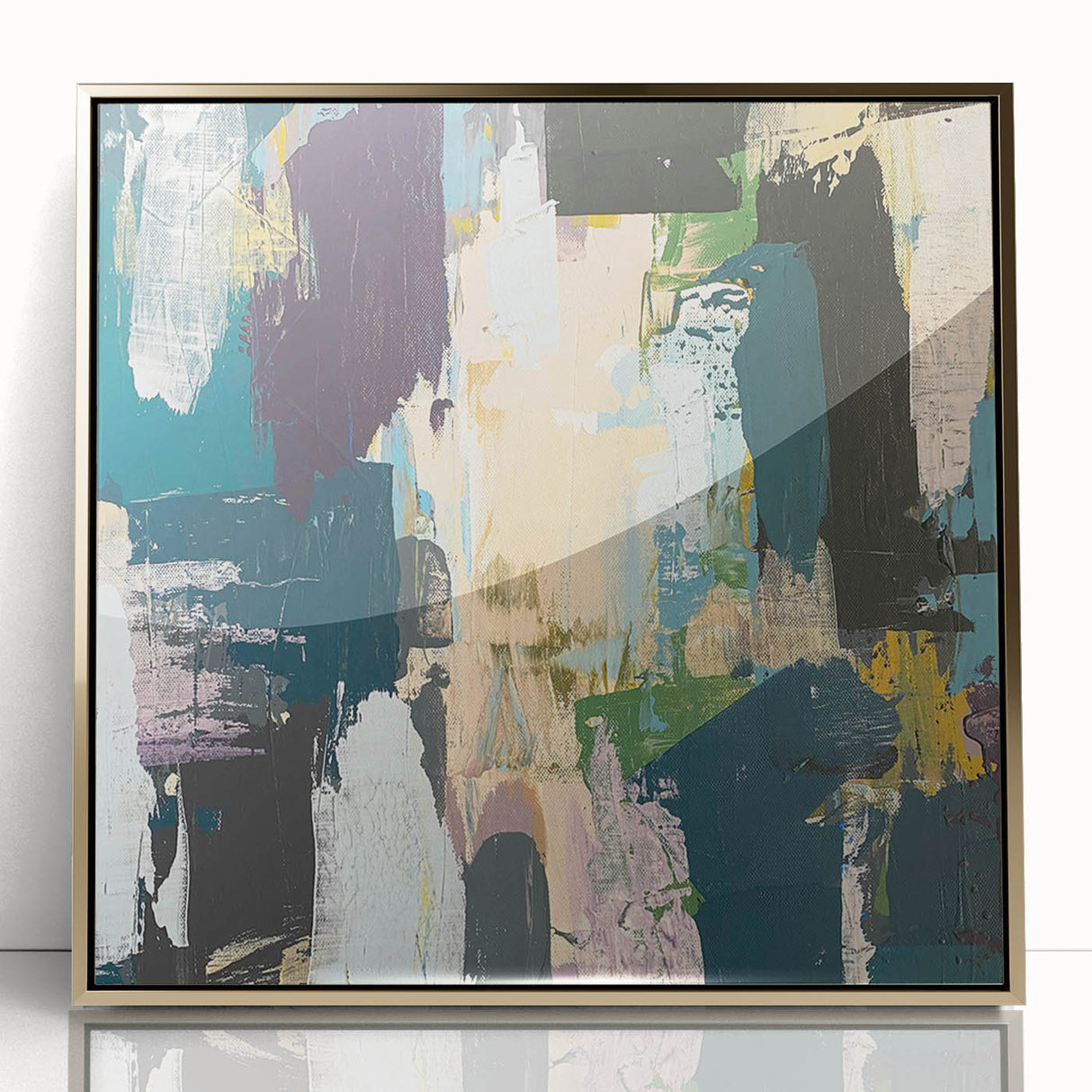 Framed acrylic wall art showcasing an abstract design of gold strokes and lines, ideal for modern home decor, enhancing elegance and sophistication in any space.