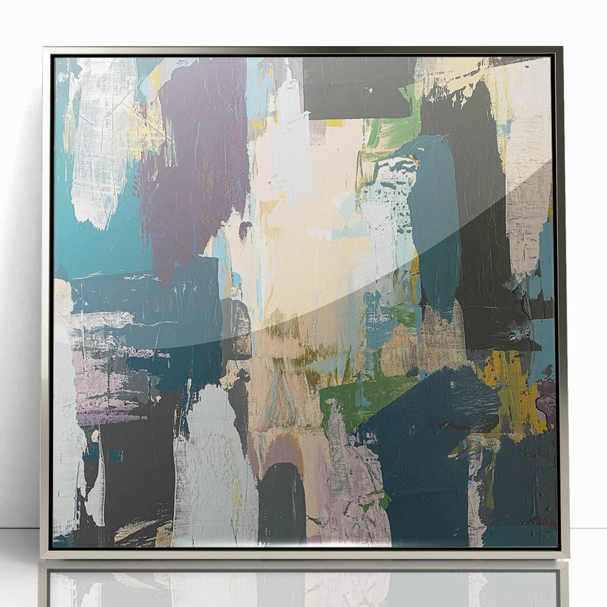 Framed wall art featuring a modern abstract design with strokes and lines in silver and gray tones, ideal for contemporary decor and wall enhancement.