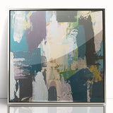 Framed wall art featuring a modern abstract design with strokes and lines in silver and gray tones, ideal for contemporary decor and wall enhancement.