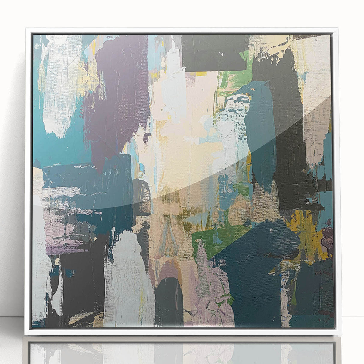 Framed wall art piece showcasing a vibrant abstract design with bold strokes and lines in a white frame, enhancing modern decor with colorful accents and artistic flair.