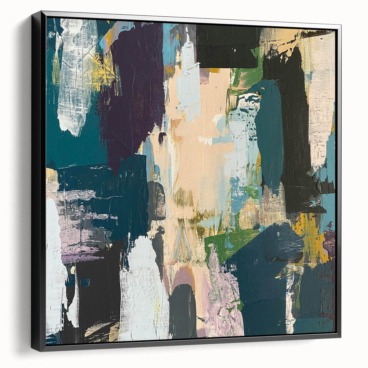 Framed canvas wall art showcasing an abstract design of dynamic strokes and lines in black, emphasizing modern decor aesthetics with a sleek side view.