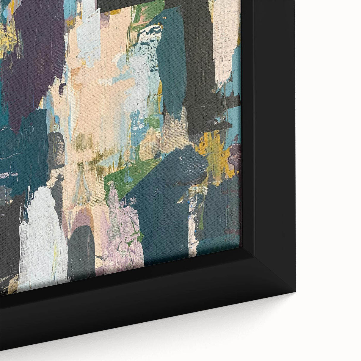 Close-up of an abstract strokes and lines design wall art piece, showcasing vibrant colors and intricate patterns on a framed canvas, ideal for modern decor.