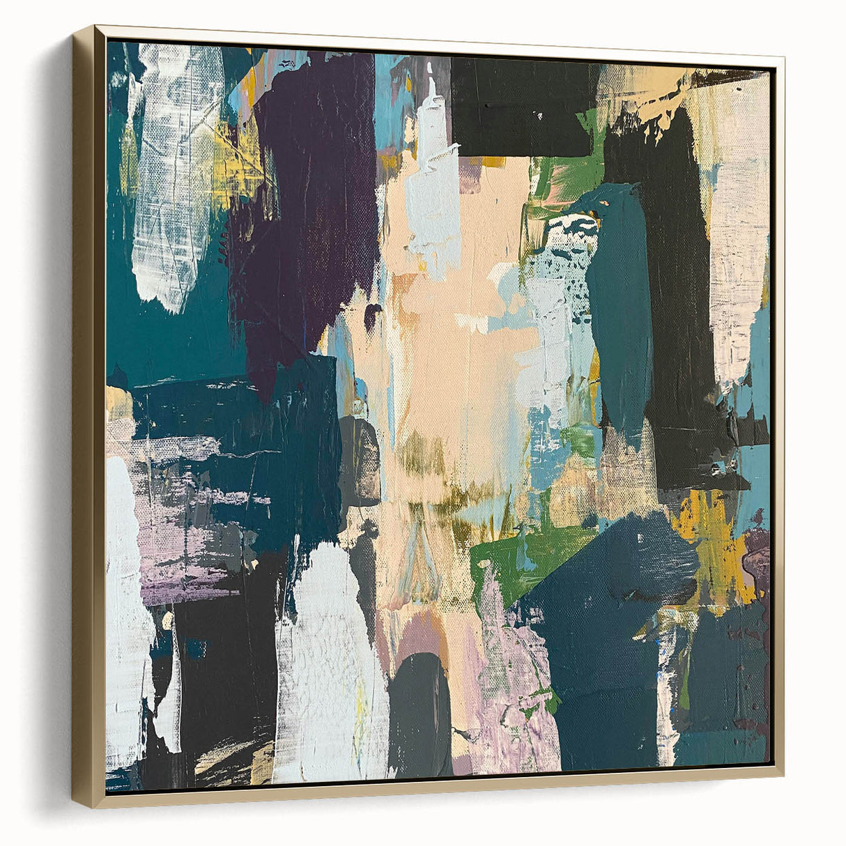 Framed canvas wall art showcasing an abstract design with gold strokes and lines, adding a modern touch to home decor, viewed from the side.