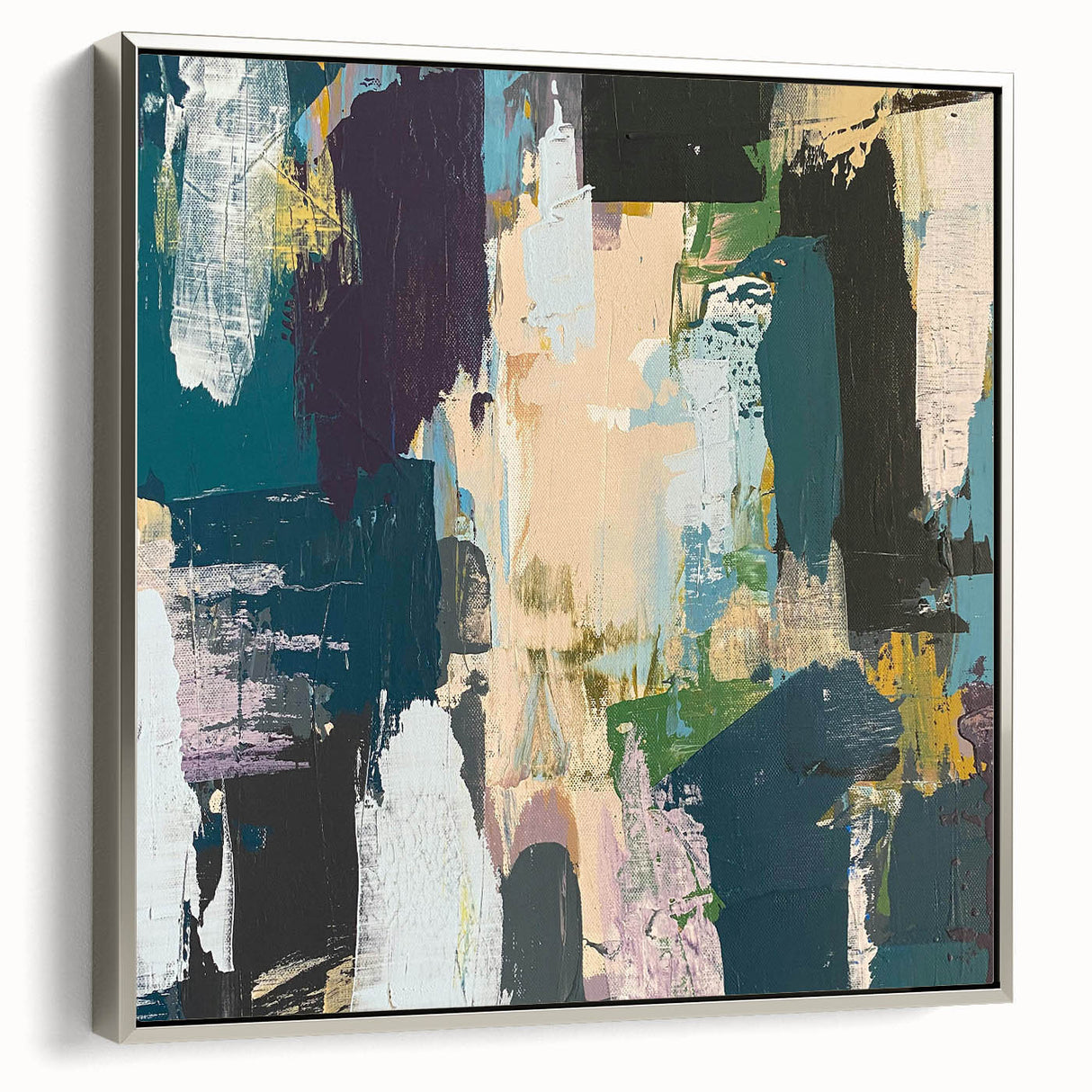 Framed canvas wall art showcasing an abstract design of colorful strokes and lines in silver frame, ideal for modern home decor and artistic ambiance.
