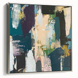 Framed canvas wall art showcasing an abstract design of colorful strokes and lines in silver frame, ideal for modern home decor and artistic ambiance.