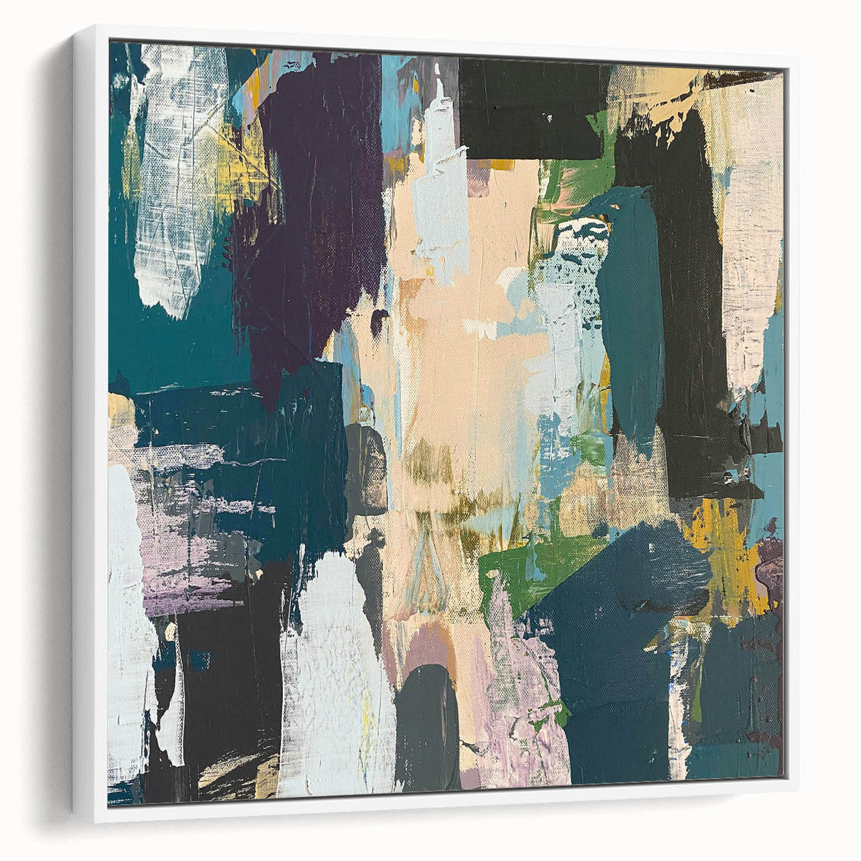 Framed canvas wall art showcasing an abstract design with colorful strokes and lines, presented in a sleek white frame, perfect for modern home decor.