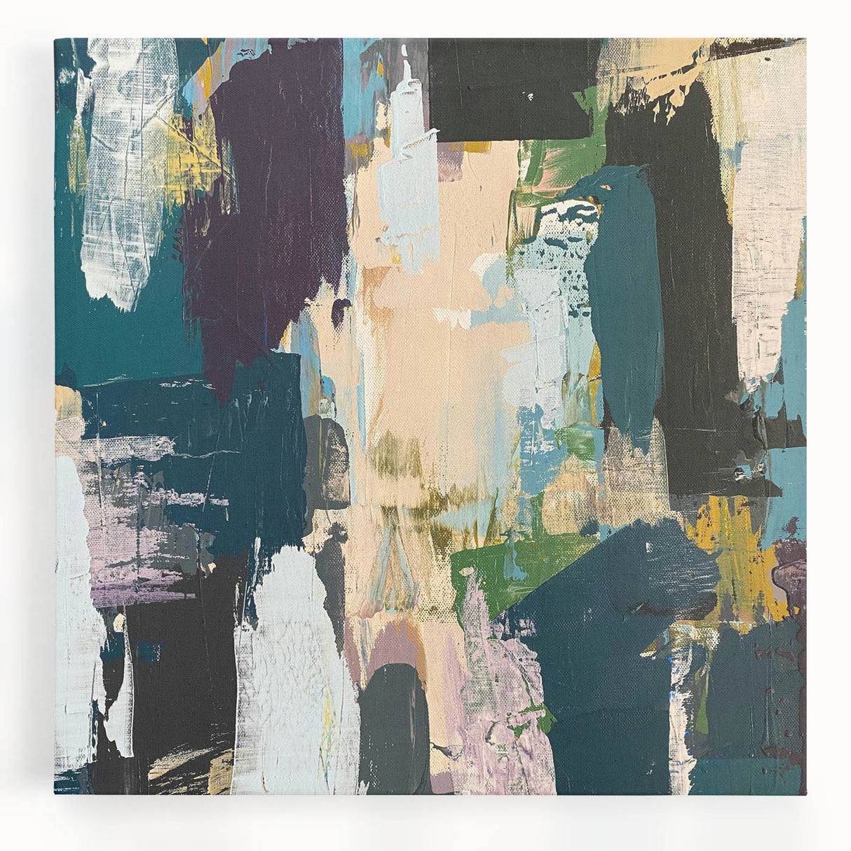 Colorful abstract strokes and lines design on stretched canvas wall art, showcasing vibrant hues of blue, orange, and yellow, perfect for modern home decor.