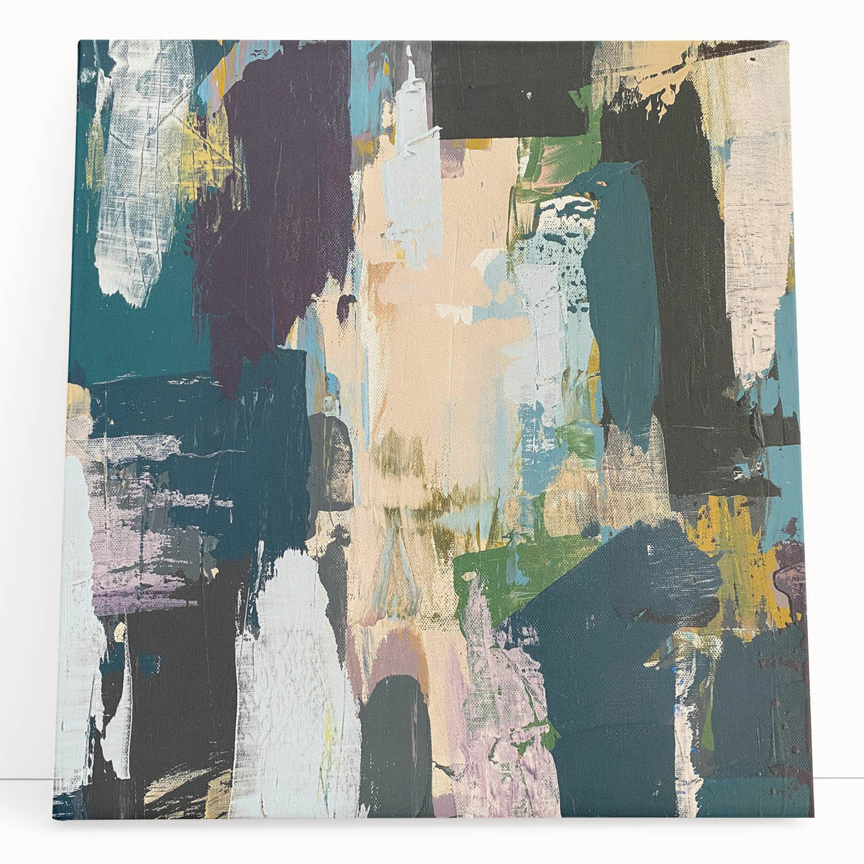 Abstract wall art featuring vibrant strokes and lines in shades of blue, orange, and yellow, showcasing a modern design on stretched canvas, perfect for home decor.