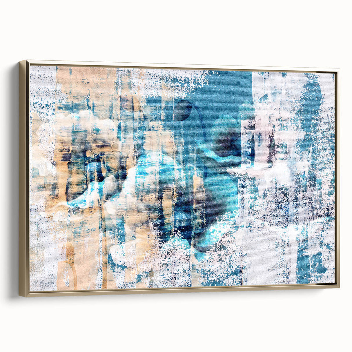 Framed canvas wall art showcasing an abstract design of gold strokes and lines, adding a modern touch to home decor. Ideal for contemporary interiors.