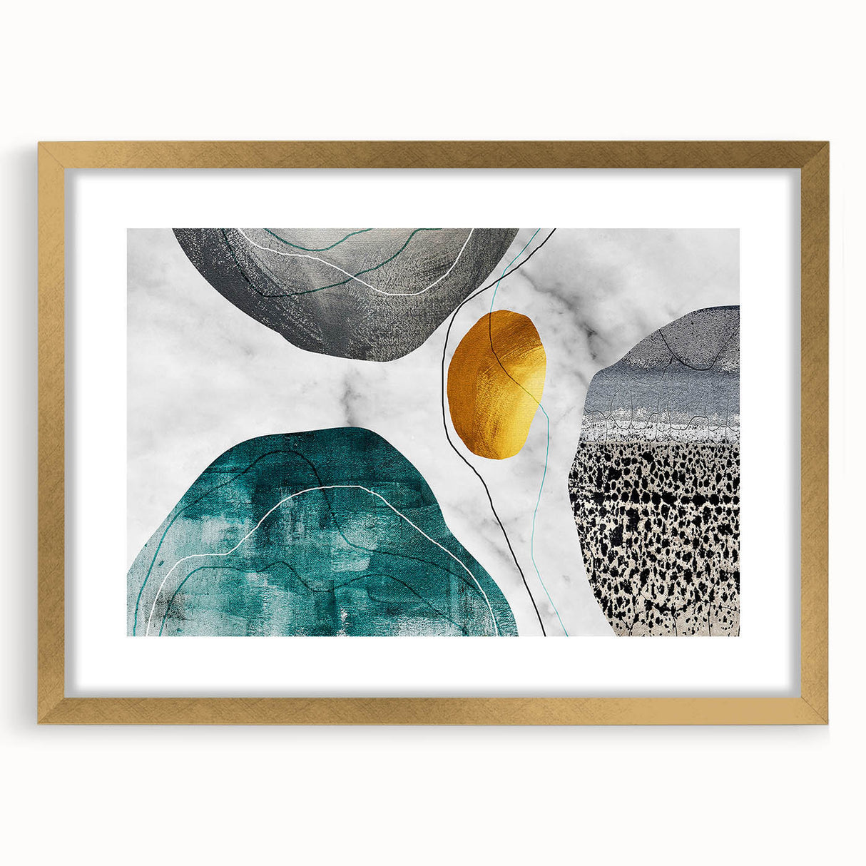 Abstract wall art featuring striking gold strokes and lines on a textured surface, framed with a mat for an elegant presentation, perfect for modern decor.