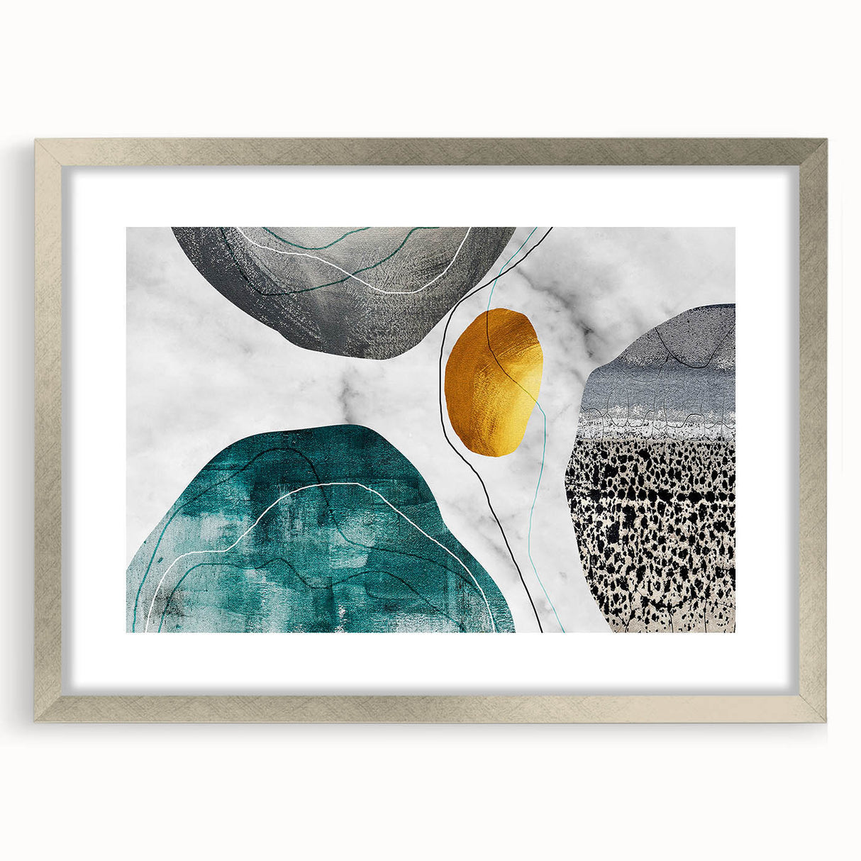 Abstract strokes and lines wall art design framed in silver with a mat, showcasing a modern aesthetic ideal for contemporary home decor and interior design.