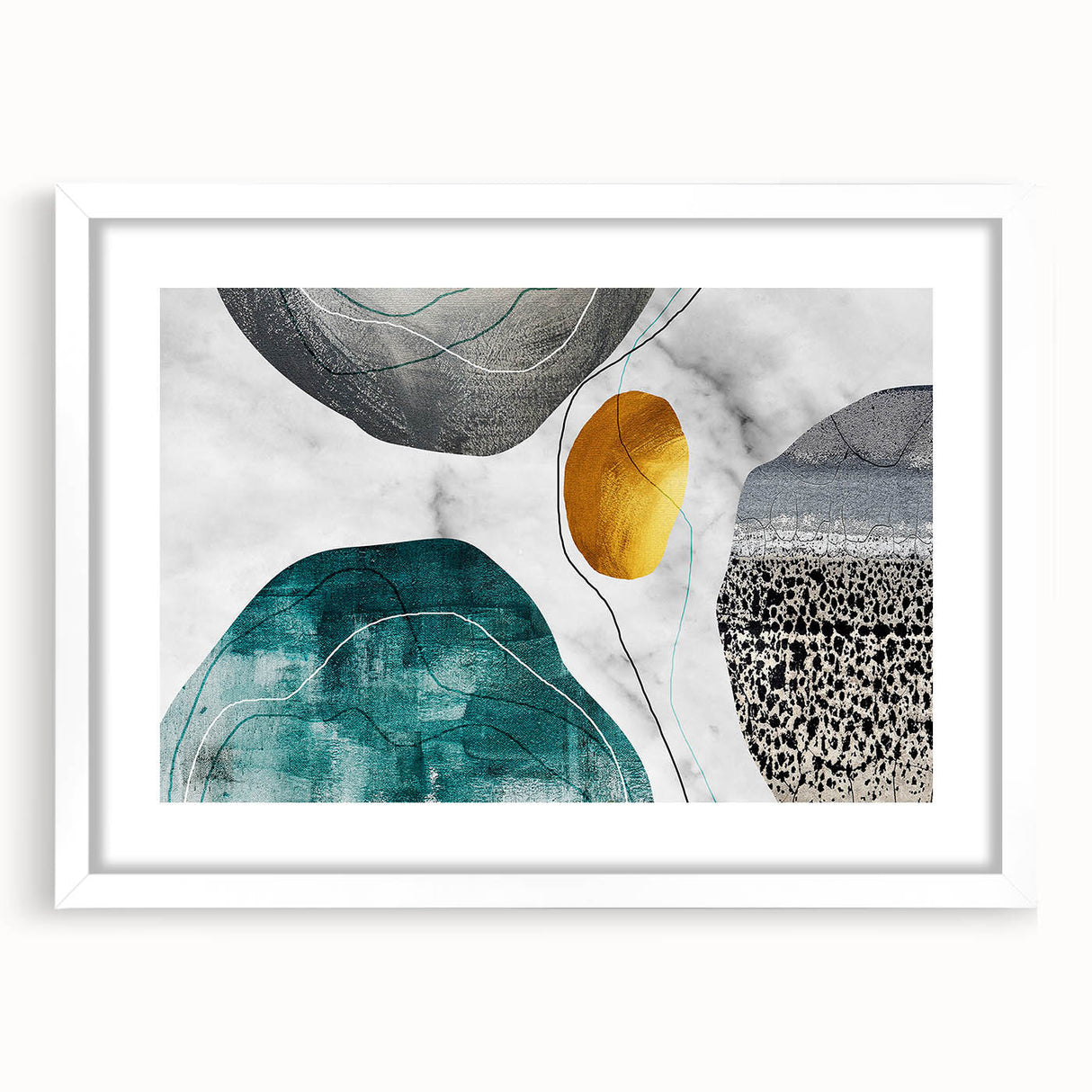 Abstract wall art featuring vibrant strokes and lines in a modern design, framed with a white mat, displayed in front view to highlight its artistic appeal. Perfect for contemporary home decor.