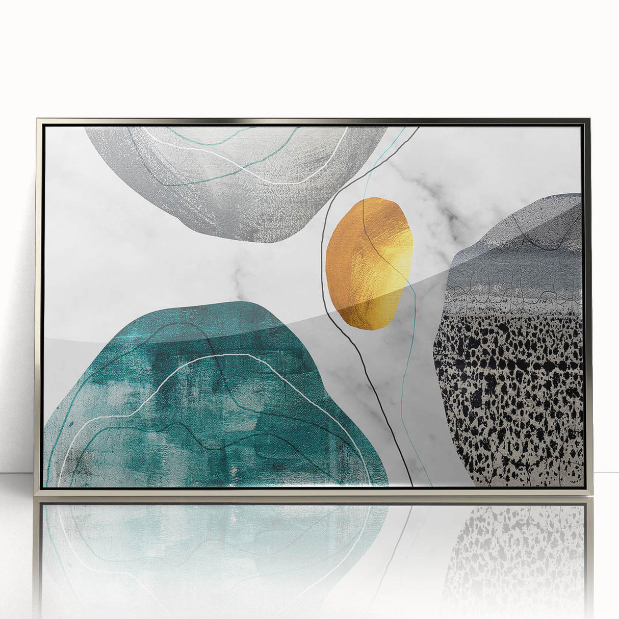 Framed abstract wall art featuring dynamic strokes and lines in silver and gray tones, enhancing modern decor with a sleek, contemporary aesthetic.