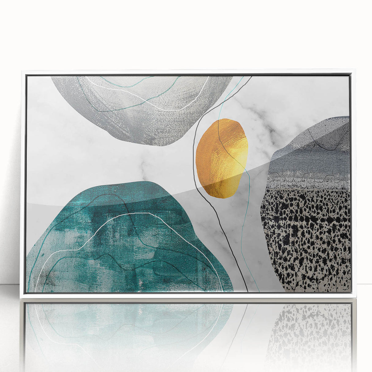 Framed acrylic wall art featuring an abstract design of colorful strokes and lines, presented in a sleek white frame, perfect for modern home decor.