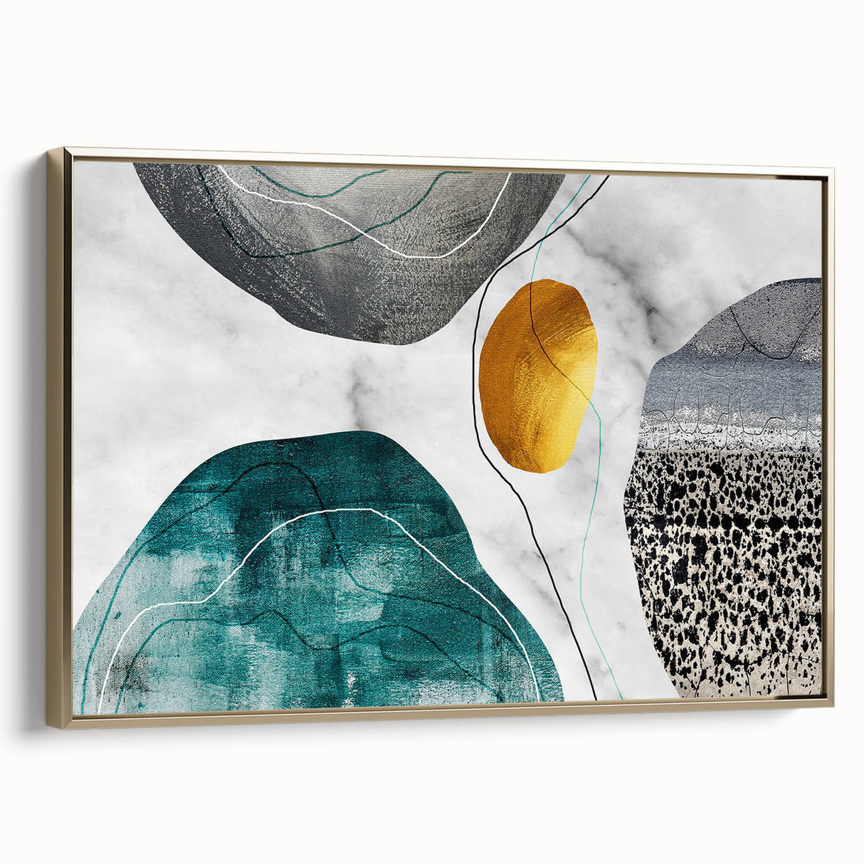 Framed canvas wall art showcasing an abstract design of gold strokes and lines, elegantly displayed from a side view, perfect for modern home decor.
