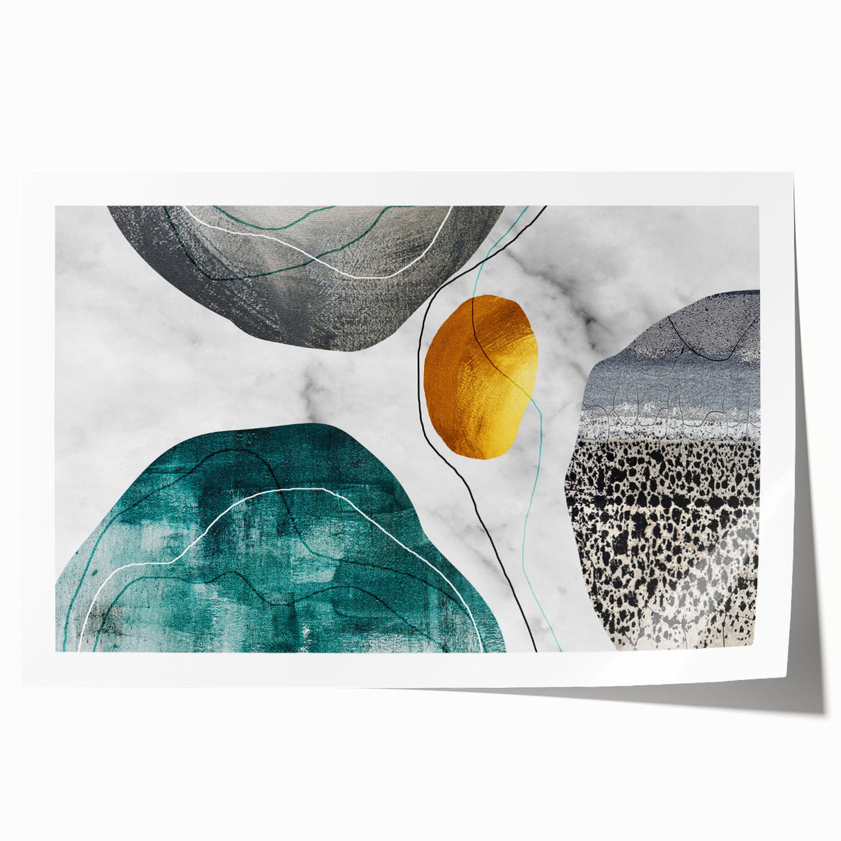 Abstract wall art print showcasing vibrant strokes and lines in shades of blue, orange, and yellow, perfect for modern home decor. The design evokes a sense of movement and creativity, making it an ideal focal point for any room.