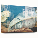 Abstract wall art featuring vibrant strokes and lines in shades of blue, orange, and yellow displayed in an acrylic glass frame, perfect for modern decor.