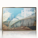 Framed wall art featuring abstract strokes and lines in a sophisticated gold and white design, perfect for modern home decor and art enthusiasts.