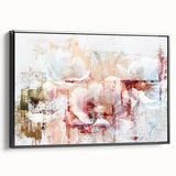 Framed canvas wall art depicting an abstract design of colorful strokes and lines, featuring a sleek black frame, ideal for modern home decor.