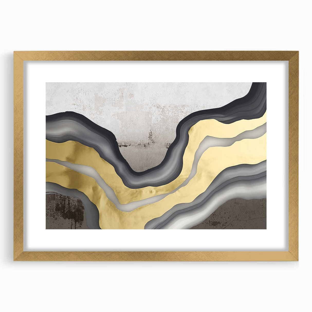 Abstract wall art design featuring vibrant strokes and lines in a gold frame with matting, ideal for modern home decor. The artwork adds a touch of elegance and color to any living space.