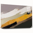 Abstract wall art featuring vibrant strokes and lines in shades of blue, orange, and yellow, displayed in an acrylic glass frame, emphasizing modern design.