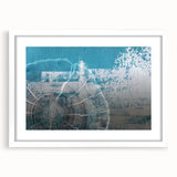 Abstract wall art featuring vibrant strokes and lines in shades of blue, yellow, and red, framed in a sleek white mat, perfect for modern decor.