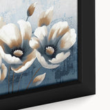 Close-up of a framed canvas wall art featuring abstract strokes and lines in vibrant hues of blue, yellow, and pink, ideal for modern home decor.