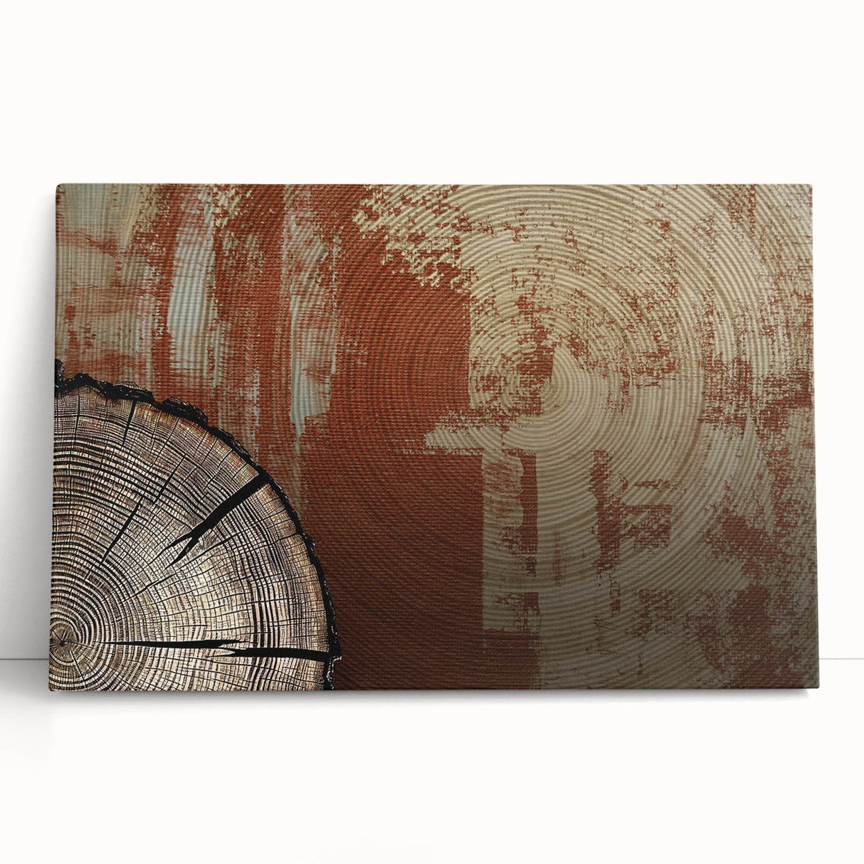 Abstract strokes and lines in vibrant colors create a modern wall art design on stretched canvas, leaning against a textured background, perfect for contemporary decor.