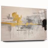 Abstract wall art featuring colorful strokes and lines on acrylic glass, displayed from a side view with decorative pins, perfect for modern interior decor.
