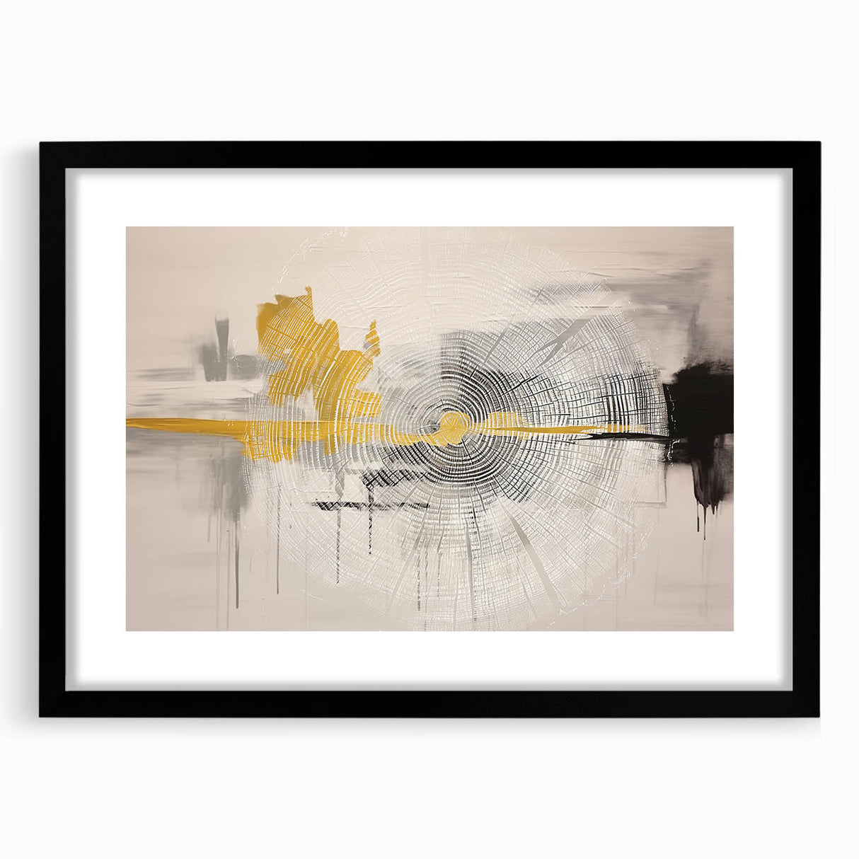 Abstract wall art featuring intricate strokes and lines in a modern design, framed with a black mat, ideal for contemporary home decor. Perfect for adding a stylish touch to living spaces.