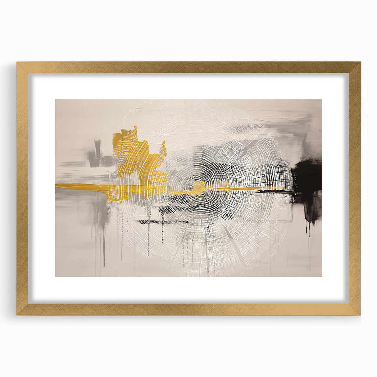 Abstract strokes and lines design wall art in a gold frame with mat, showcasing modern elegance and artistic flair, ideal for contemporary home decor.