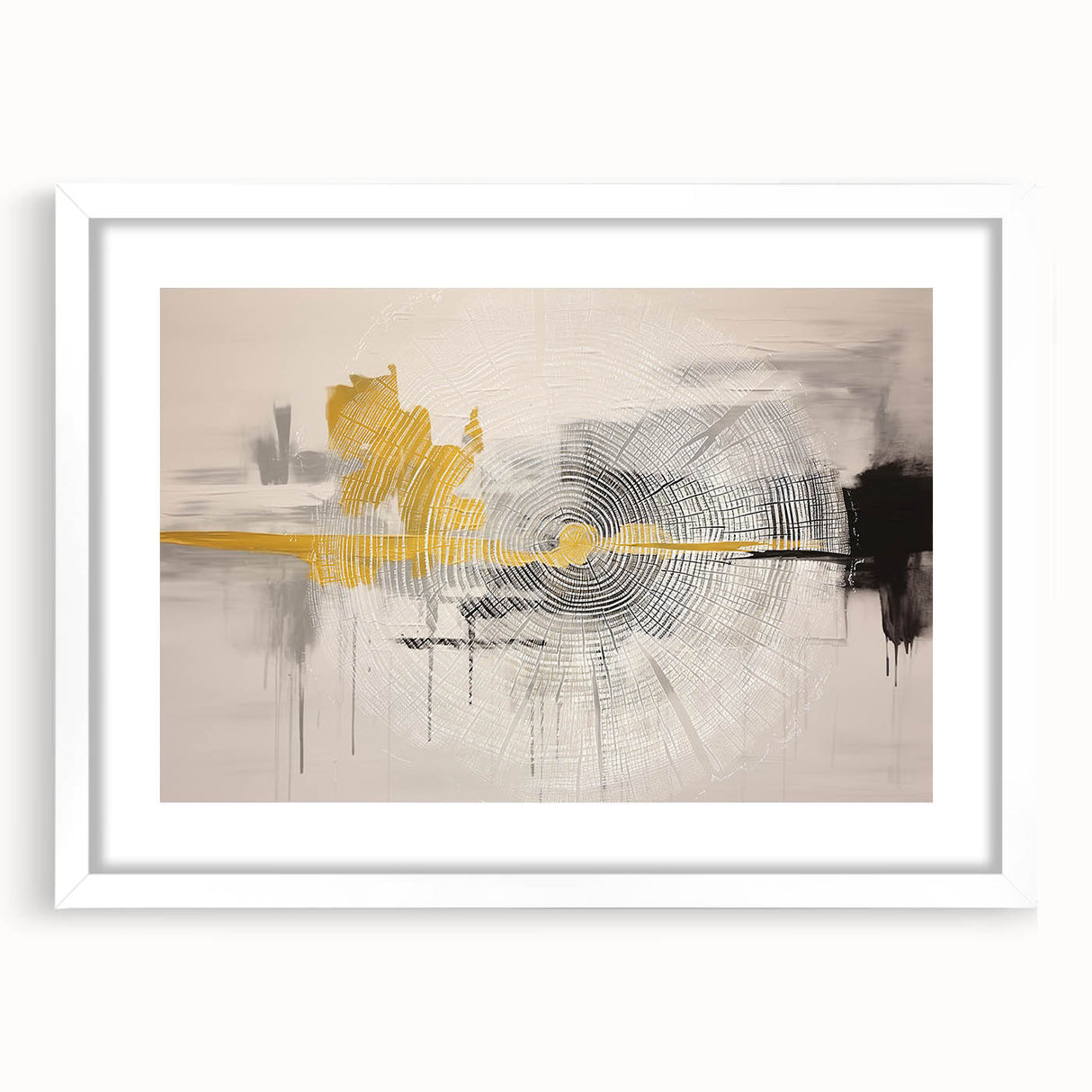 Abstract strokes and lines wall art design in a white frame with matting, showcasing modern artistic elements perfect for contemporary home decor.