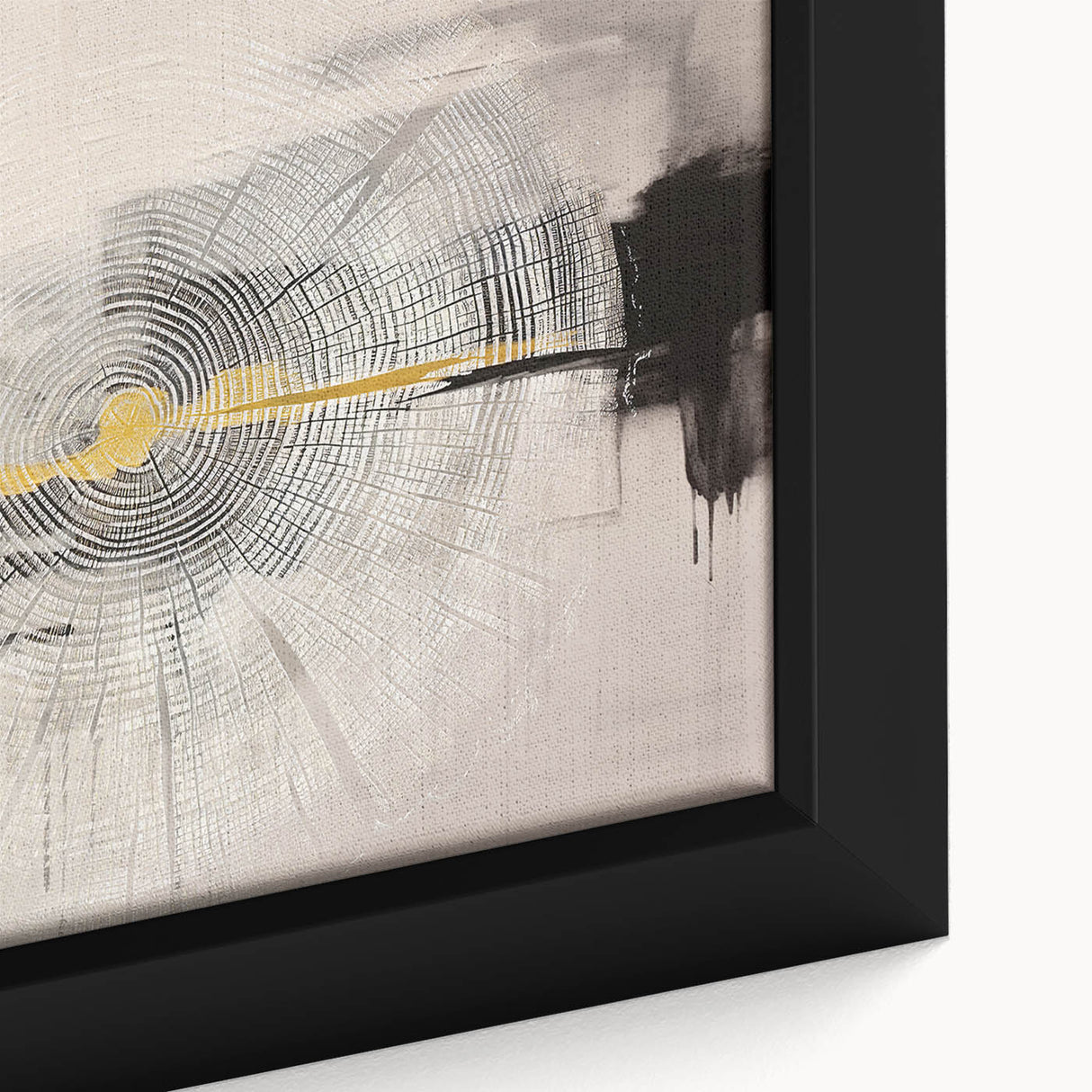 Close-up of a framed abstract wall art piece showcasing intricate strokes and lines in vibrant hues of blue, orange, and gold, ideal for modern decor.