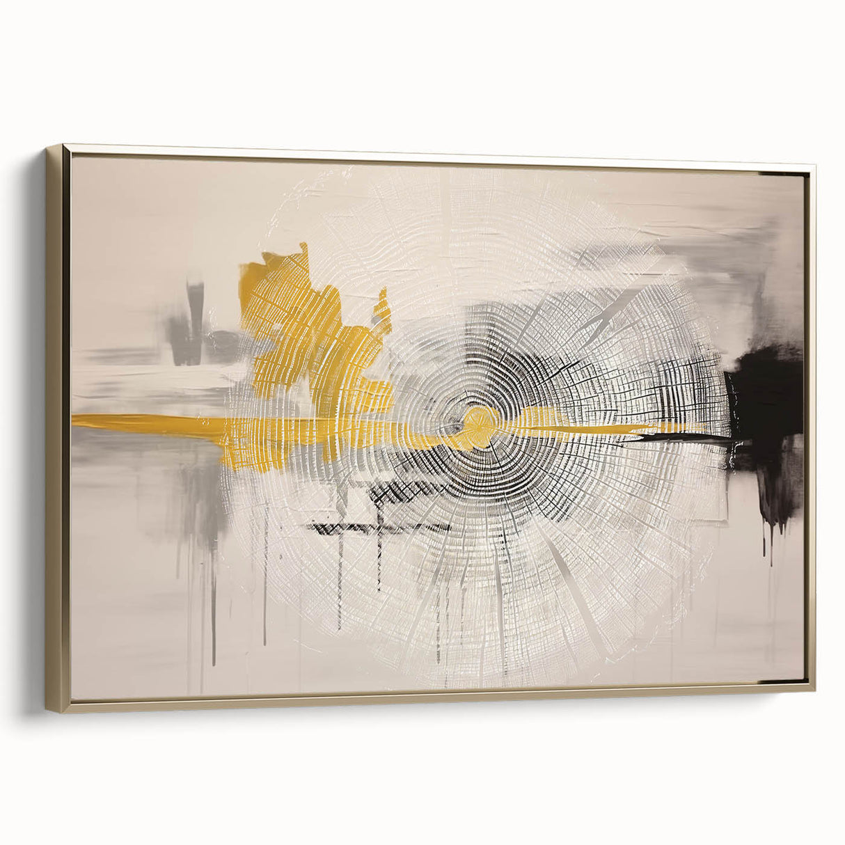 Framed canvas wall art showcasing an abstract design of golden strokes and lines, adding a modern touch to any decor. Ideal for contemporary interiors.