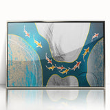 Framed wall art featuring an abstract design of colorful strokes and lines in a dynamic composition, set in a sleek silver frame, ideal for modern decor.