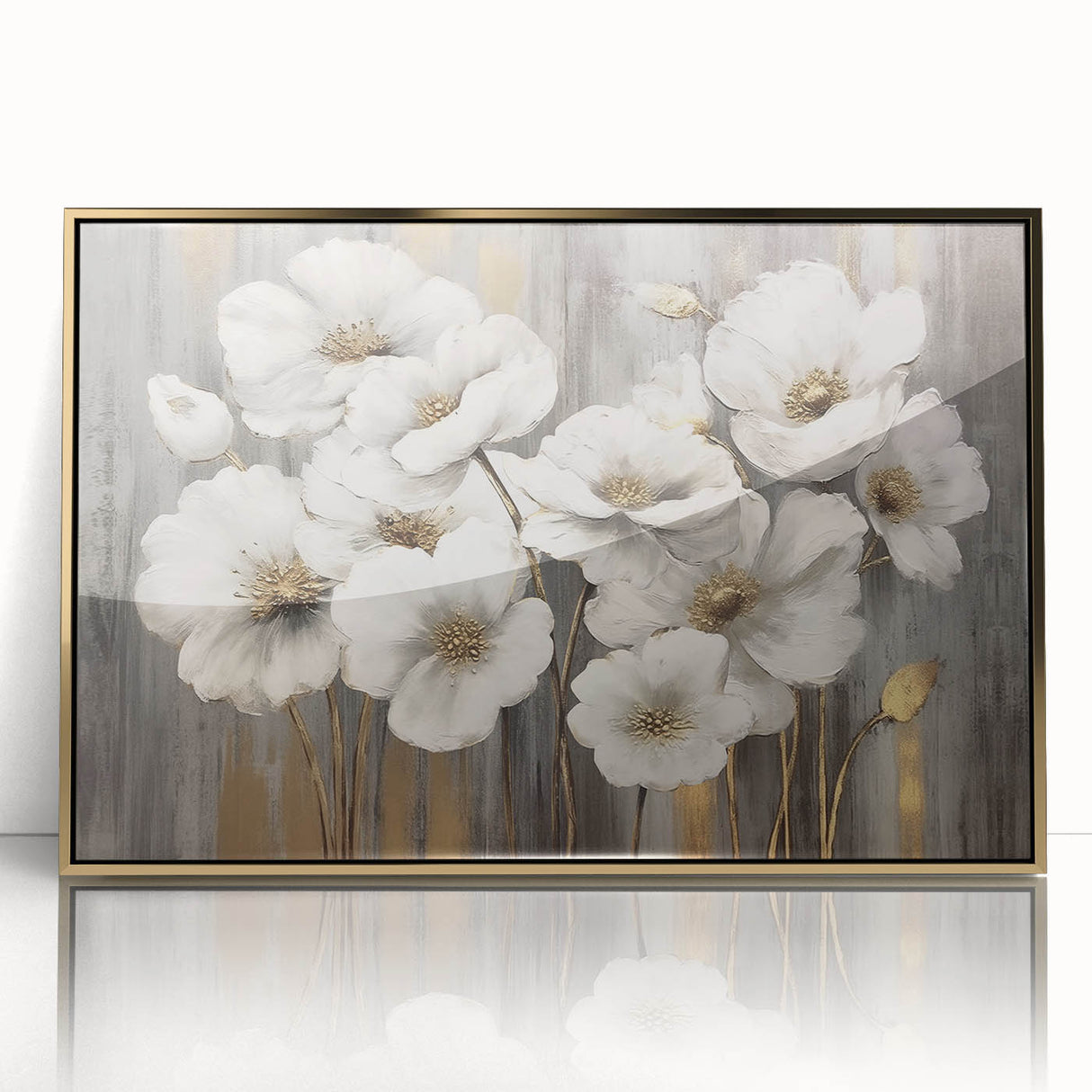 Framed acrylic wall art featuring an abstract design of colorful strokes and lines in gold, ideal for modern decor. Enhances any space with its vibrant style.