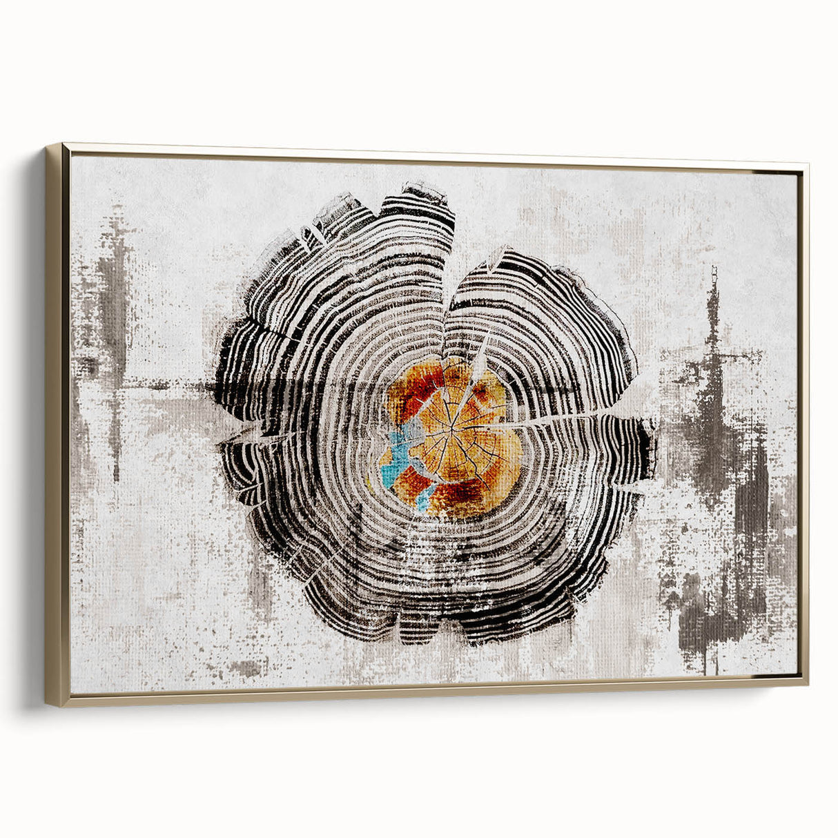 Framed wall art featuring an abstract design of gold strokes and lines on a textured canvas, set against a minimalist backdrop, ideal for modern decor.