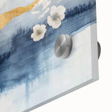 Close-up of an abstract wall art piece showcasing vibrant strokes and lines in shades of blue, orange, and yellow, highlighting unique textures and modern design aesthetics perfect for contemporary decor.